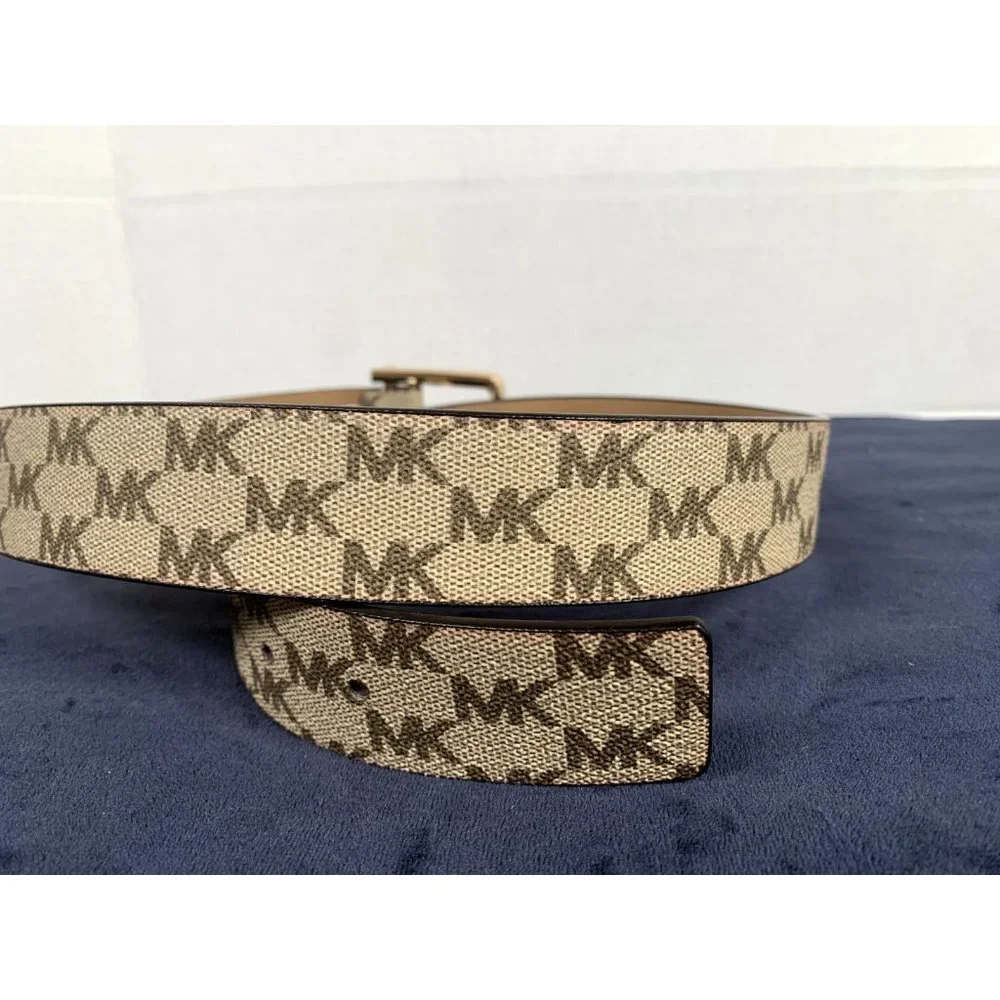 Michael Kors Signature Belt Medium Ivory Brown Logo Gold Buckle New with‎ tags
